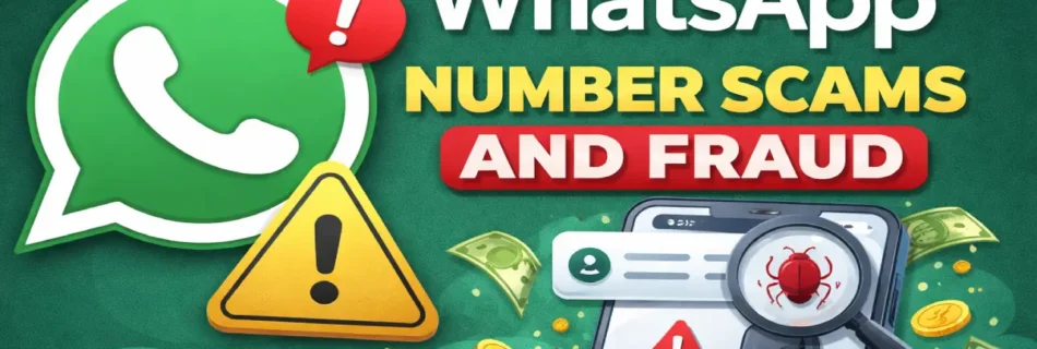 Illustration of WhatsApp number scams and fraud showing warning signs, hacker icon on phone, and security alert symbols