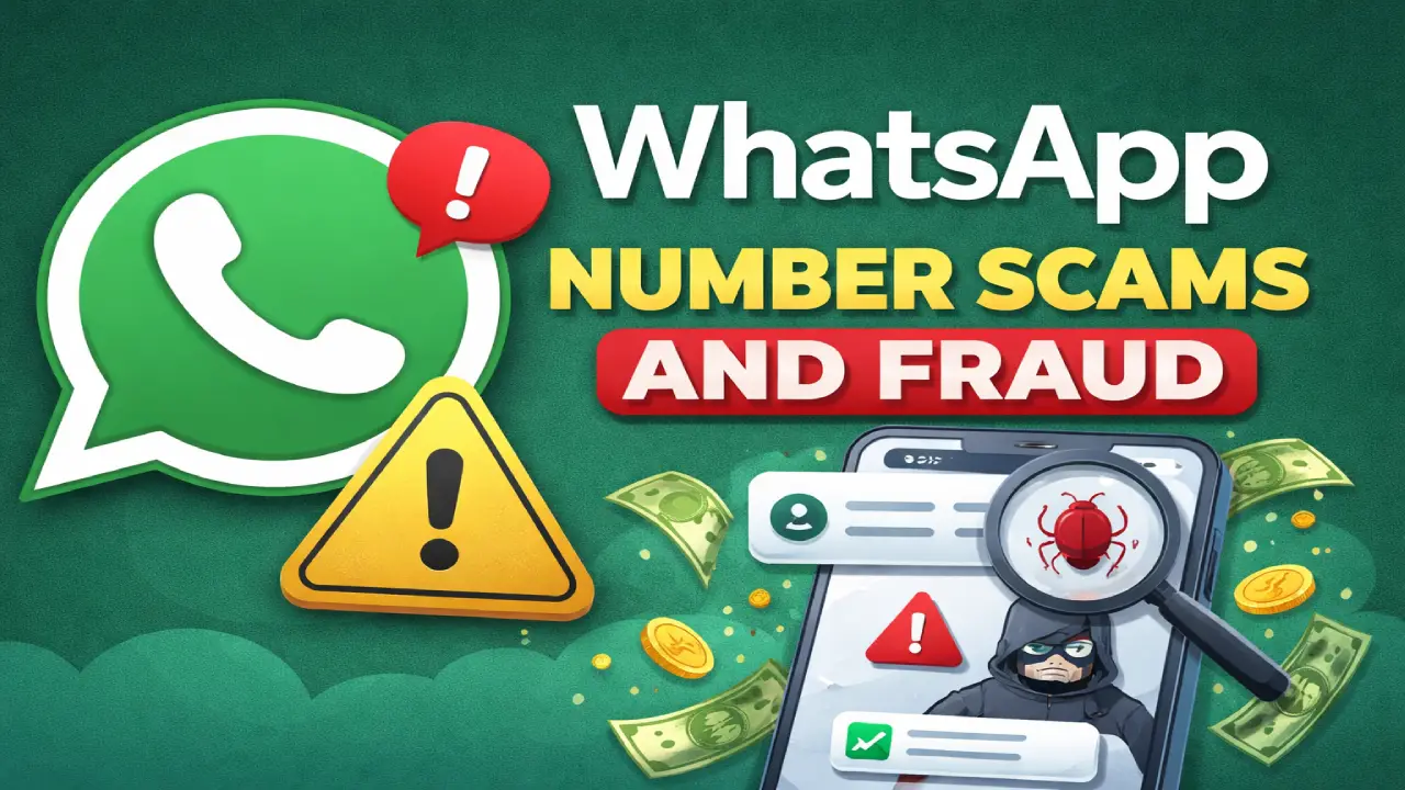 Illustration of WhatsApp number scams and fraud showing warning signs, hacker icon on phone, and security alert symbols