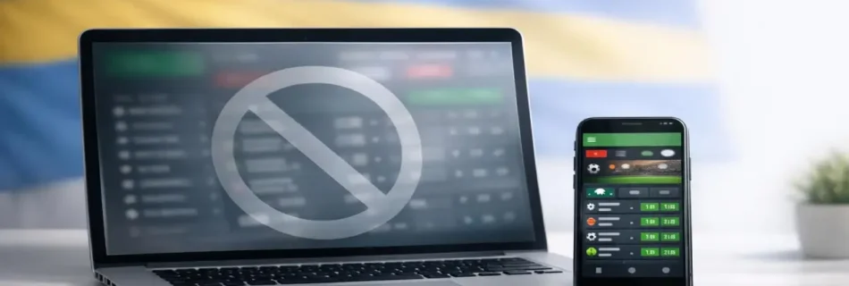 Laptop with restricted betting access and mobile phone showing alternative betting platform for Swedish players