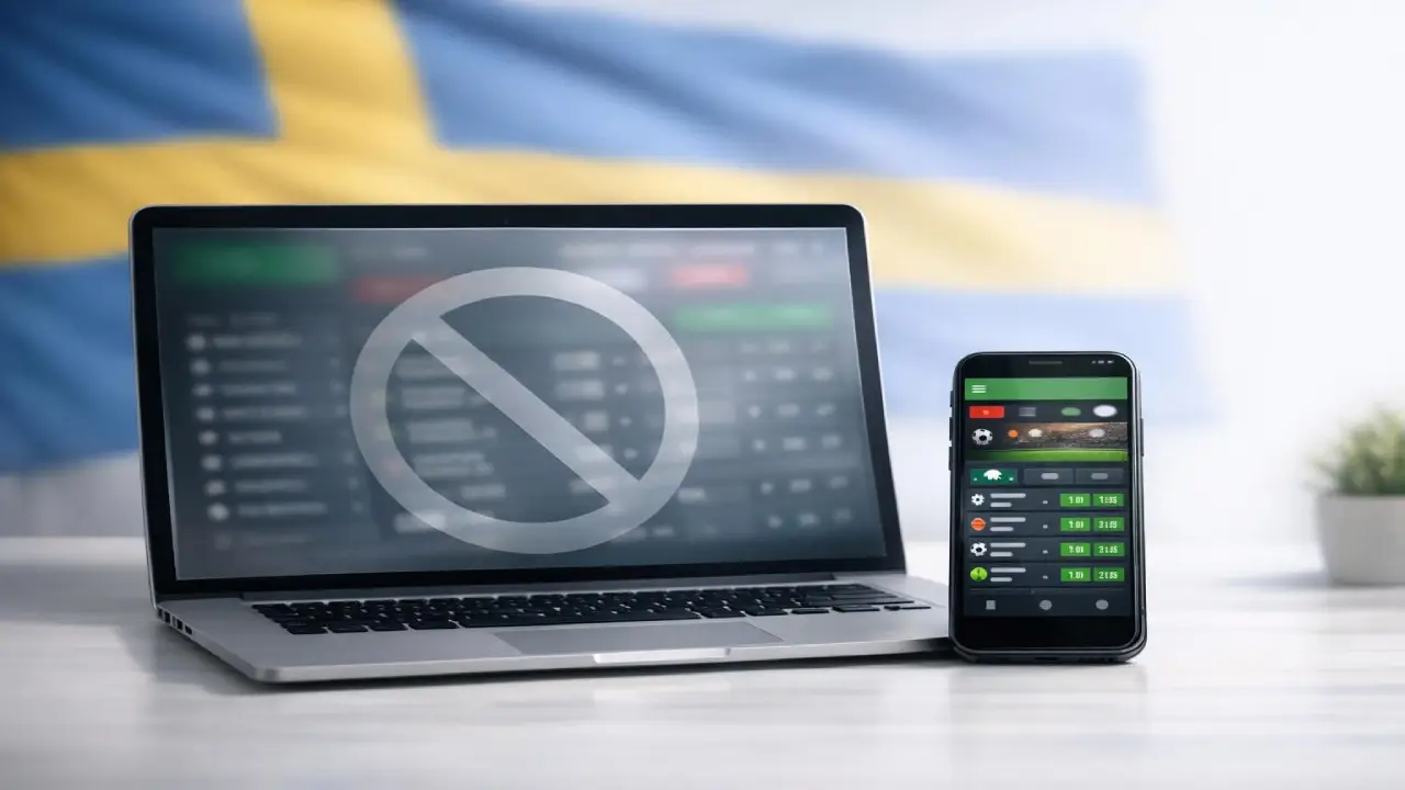 Laptop with restricted betting access and mobile phone showing alternative betting platform for Swedish players