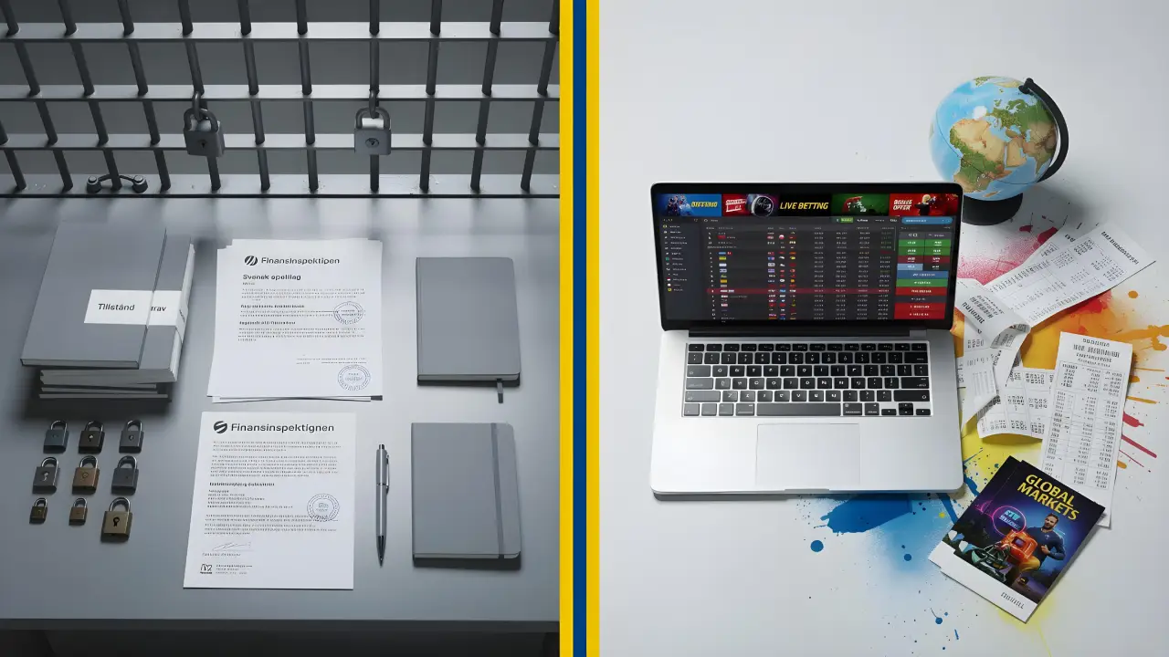Comparison between Swedish gambling restrictions and international betting markets with laptop and documents
