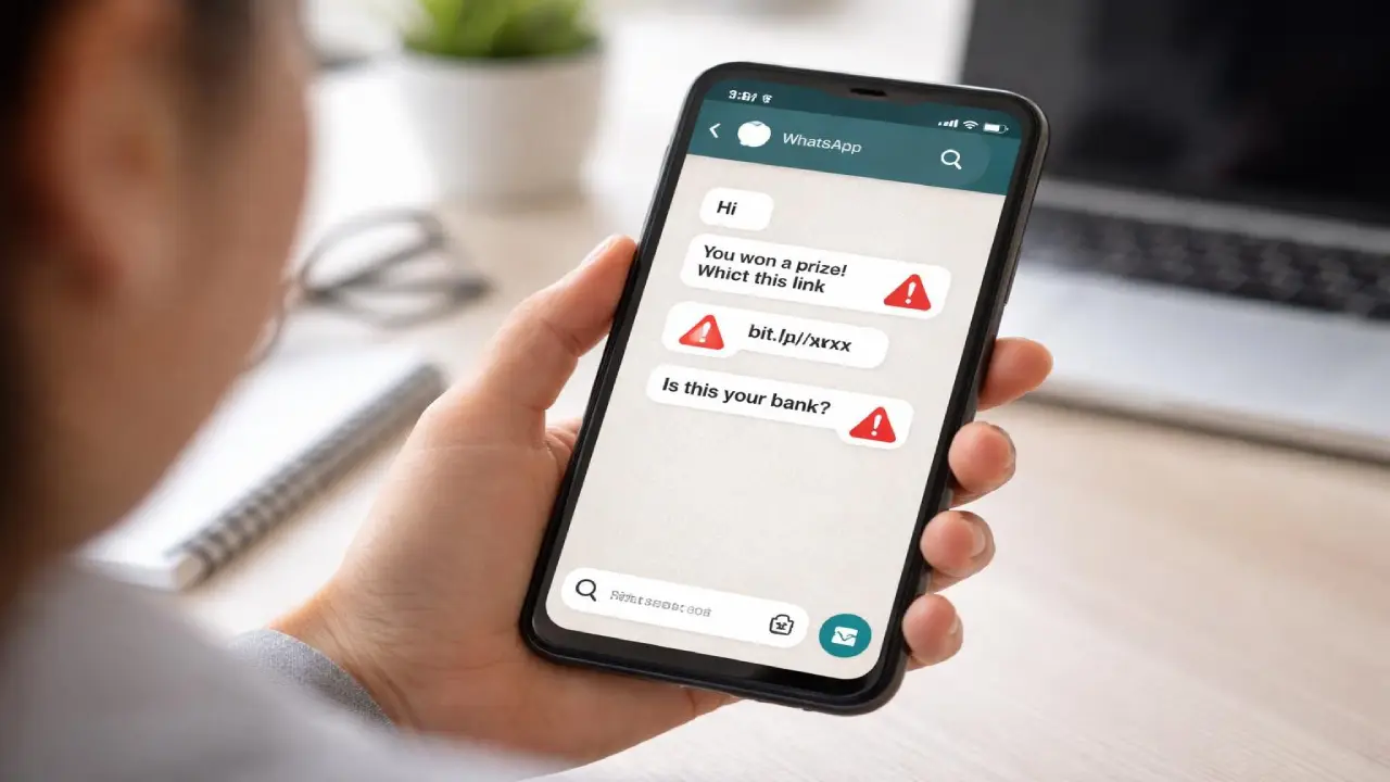 A person holding a smartphone showing suspicious messages claiming a prize and prompting a link, with warning icons indicating potential phishing or scam attempts.