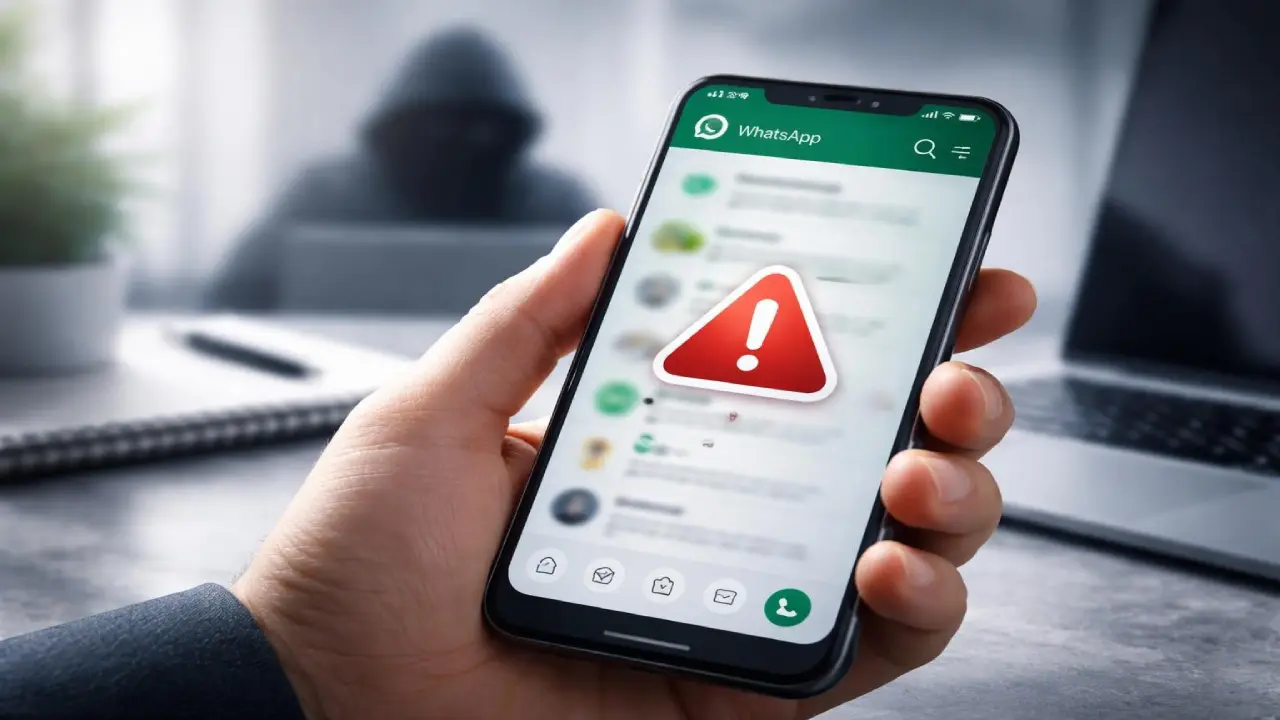 A person holding a smartphone displaying a messaging app with a large warning icon, while a blurred figure in a hoodie appears in the background, suggesting a cybersecurity risk or scam.